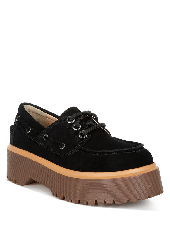 Black suede oxford loafer with chunky rubber sole and lace-up eyelets