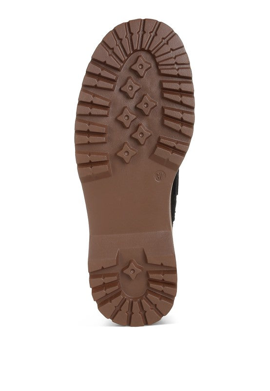 Brown rubber outsole with deep tread pattern for chunky oxford loafer