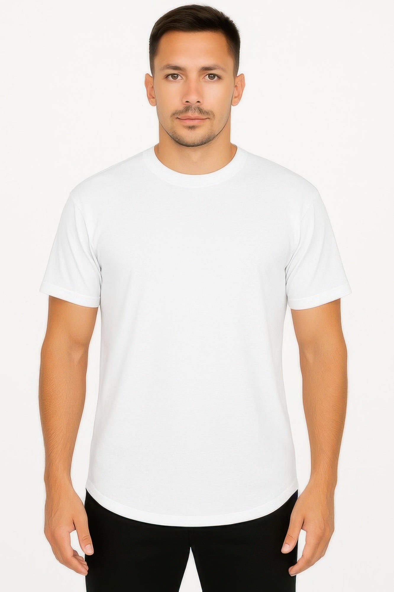 Curved athletic sports T-shirt, white crew neck with short sleeves