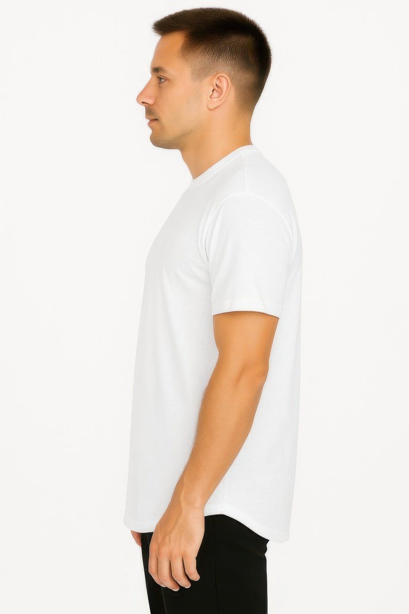 Curved athletic sports T-shirt, white side profile, short sleeves and crew neck