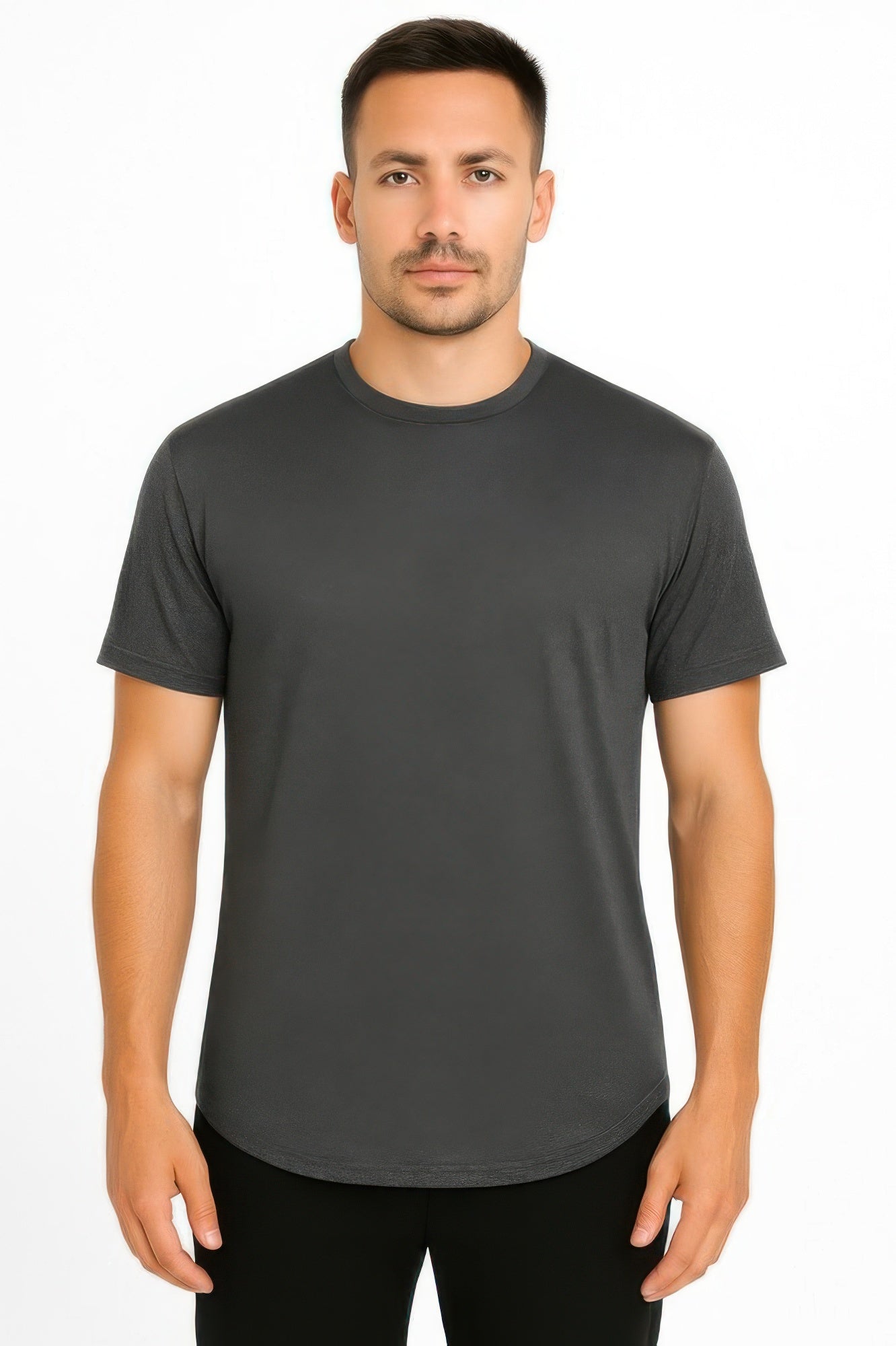 Curved athletic sports T-shirt, dark charcoal crew neck, short sleeves