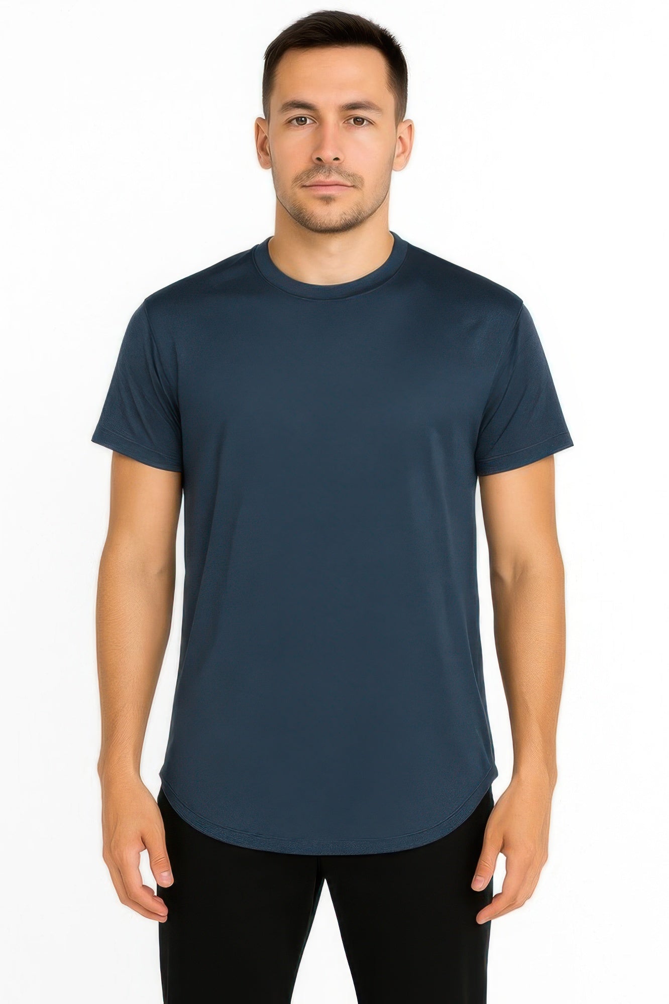 Curved athletic sports T-shirt, navy blue crew neck, curved hem, short sleeves