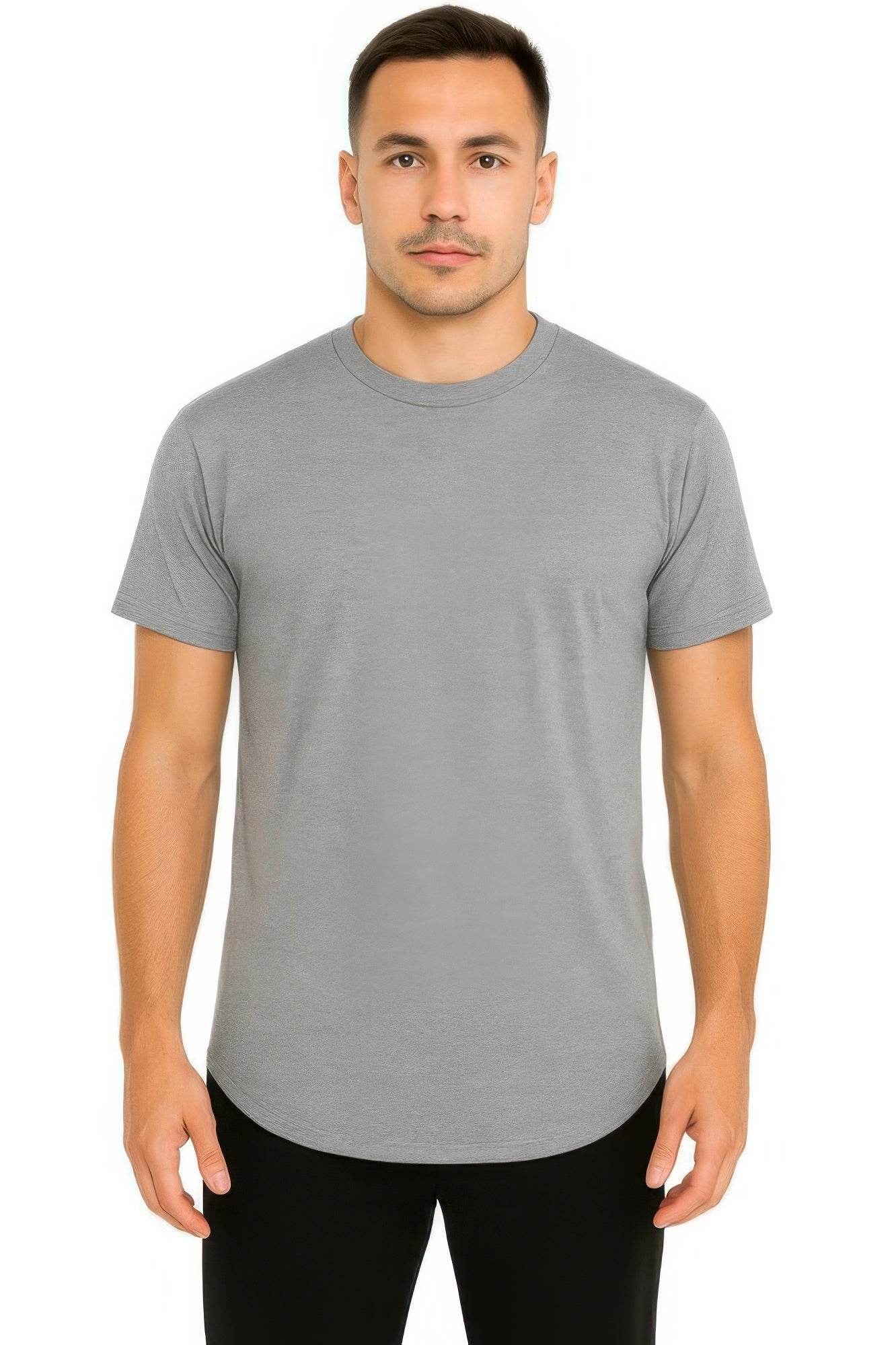 Curved athletic sports T-shirt, light gray crew neck, curved hem, short sleeves