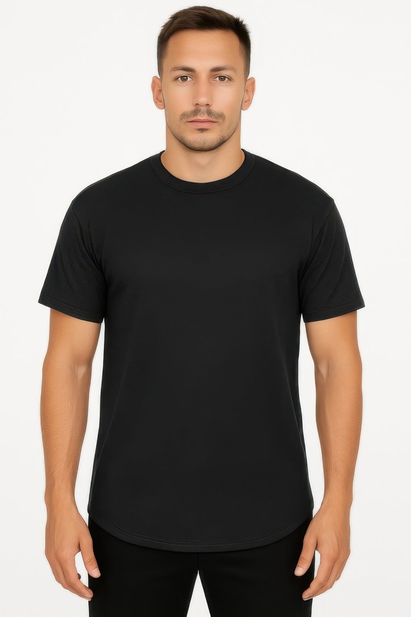Curved athletic sports T-shirt, black crew neck with curved hem, short sleeves