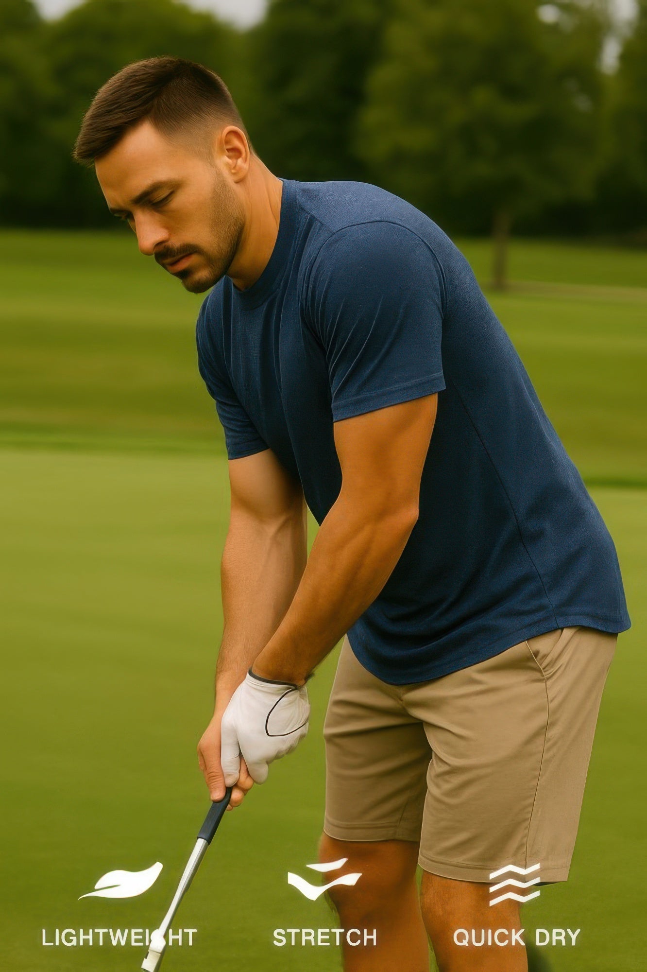 Curved athletic sports T-shirt, blue crew neck, short sleeves, athletic fit