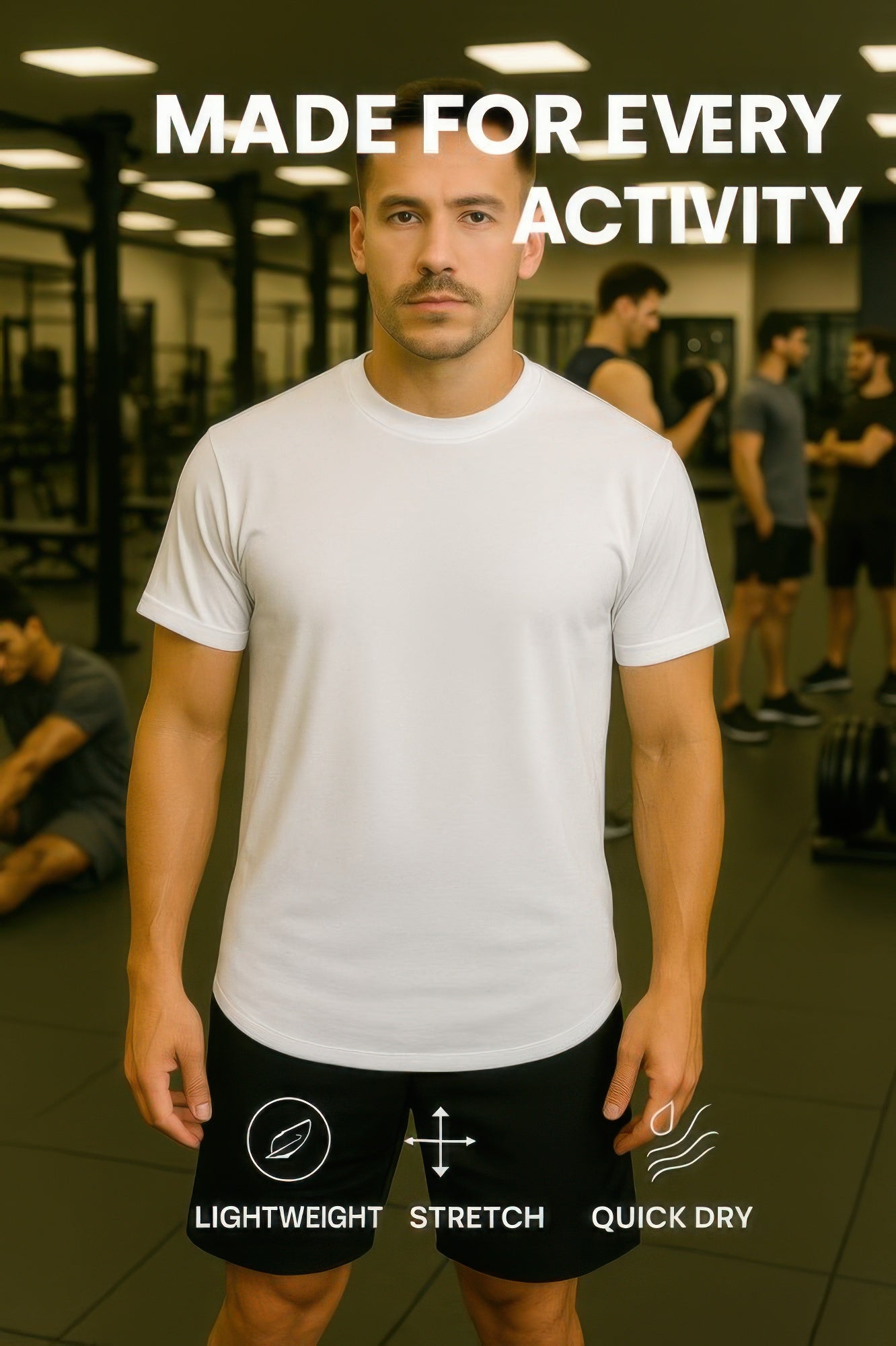 Curved athletic sports T-shirt, white crew neck with curved hem, short sleeves