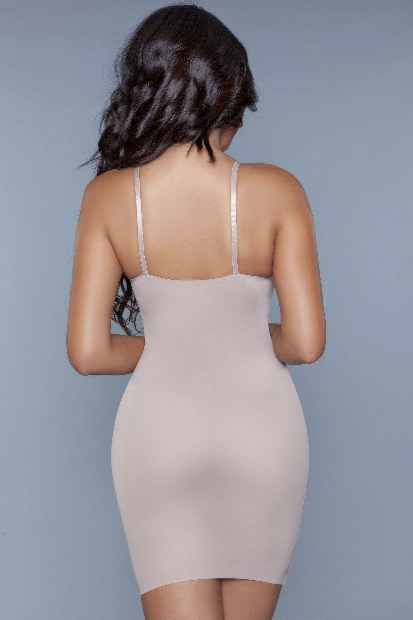 Curved Craze shapewear dress back view, nude fitted mini, thin spaghetti straps