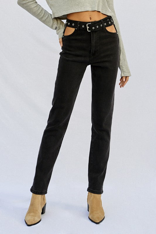 Cut Out Front Pocket Straight Jeans - Tigbul's Variety Fashion Shop