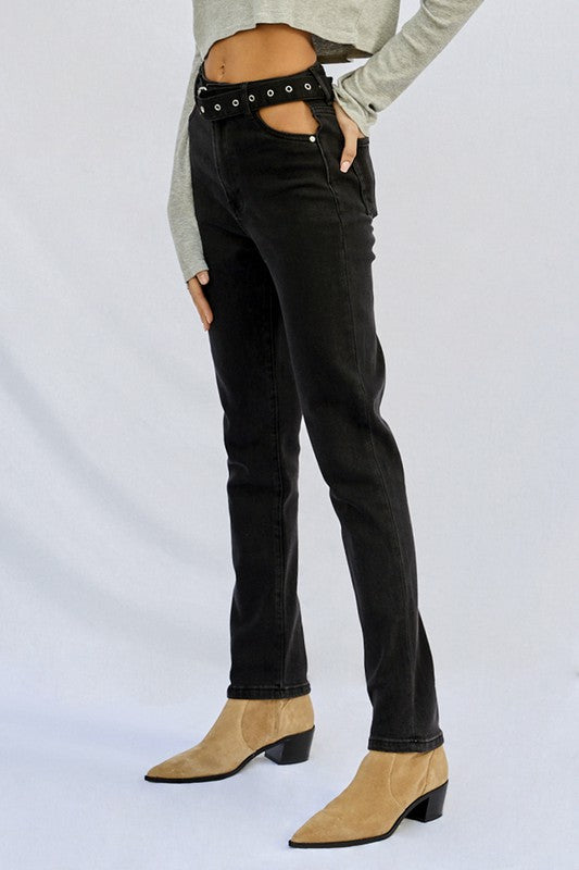 Cut Out Front Pocket Straight Jeans - Tigbul's Variety Fashion Shop