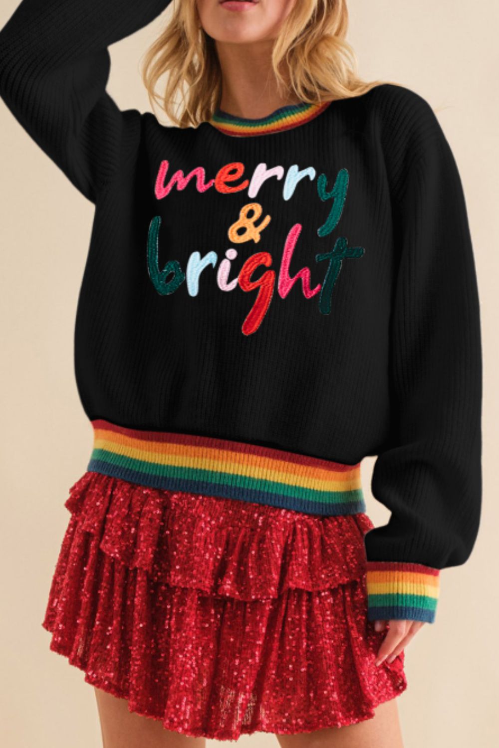 MERRY & BRIGHT Ribbed Round Neck Sweater - Tigbul's Variety Fashion Shop