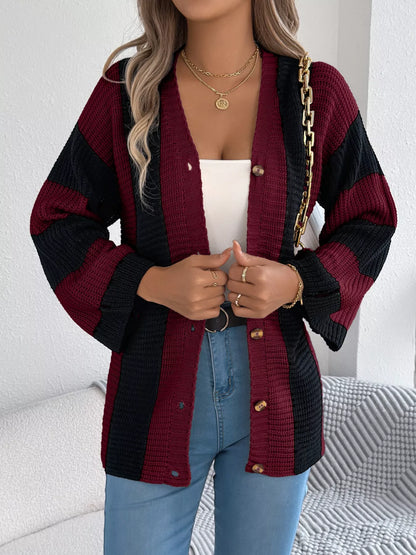 Color Block Button-Up Cardigan - Tigbul's Variety Fashion Shop