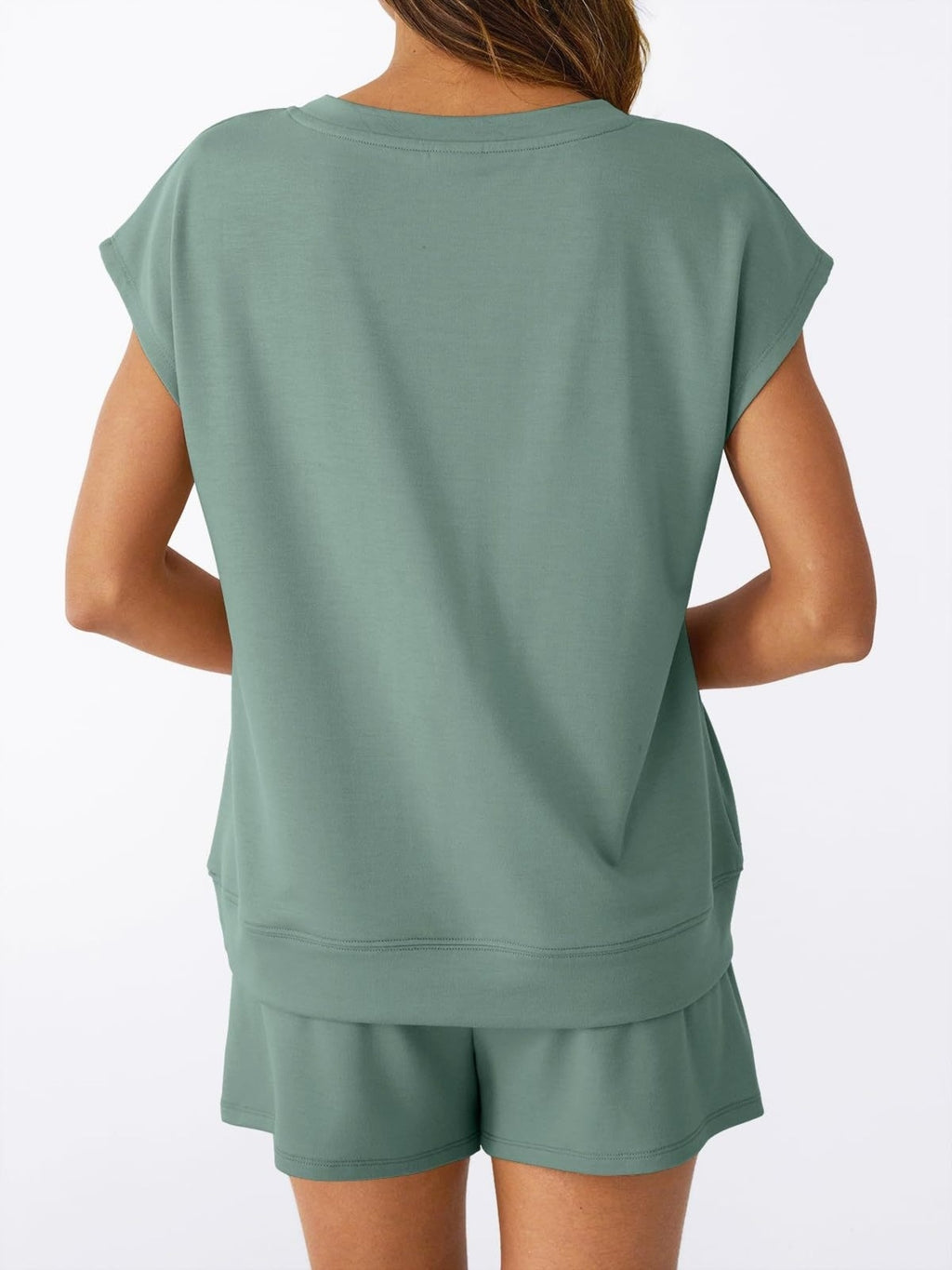 Light green V-neck t-shirt and drawstring shorts set, back view