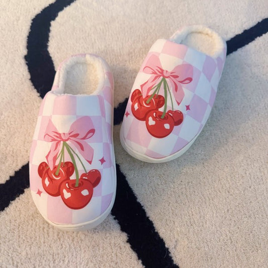 Cherry Bow Check Lounge Slippers - Sweet & Cozy - Tigbul's Variety Fashion Shop