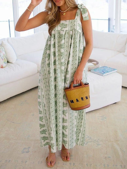Light Green Printed Tie Shoulder Square Neck Midi Dress - Tigbul's Variety Fashion Shop