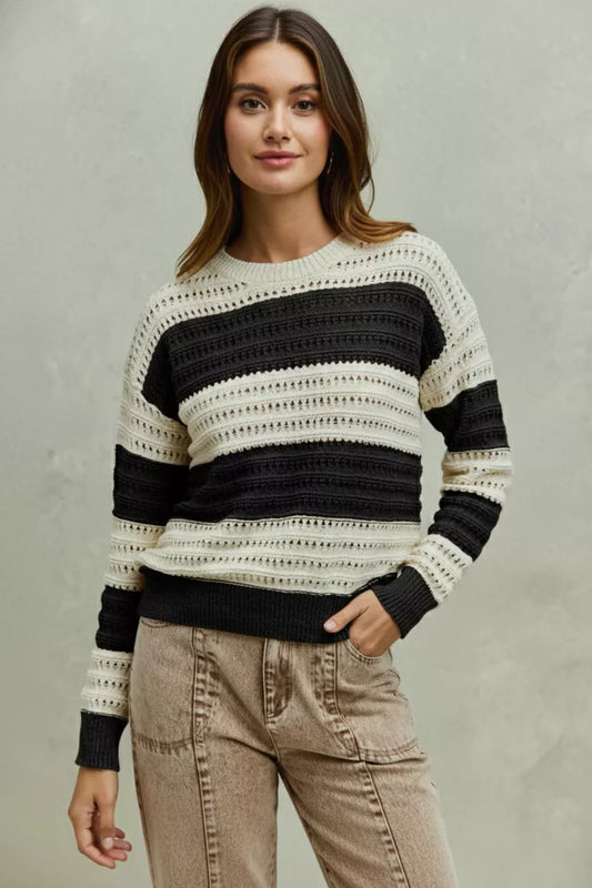 SO ME Openwork Round Neck Wide Stripe Textured Sweater - Tigbul's Variety Fashion Shop