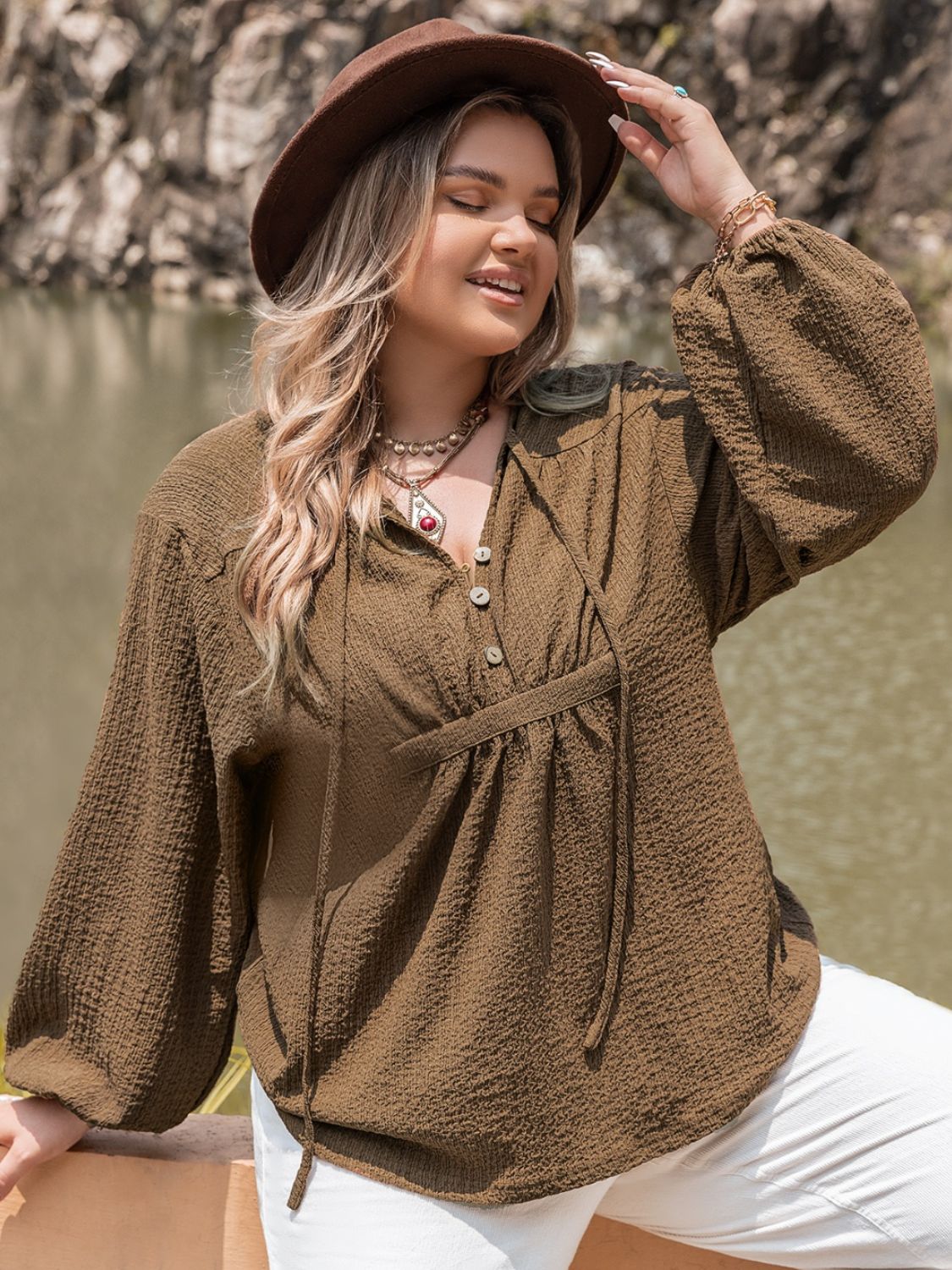 Plus Size Tie Neck Long Sleeve Blouse - Tigbul's Variety Fashion Shop