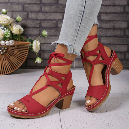 Lace-Up Block Heel Sandals - Tigbul's Variety Fashion Shop