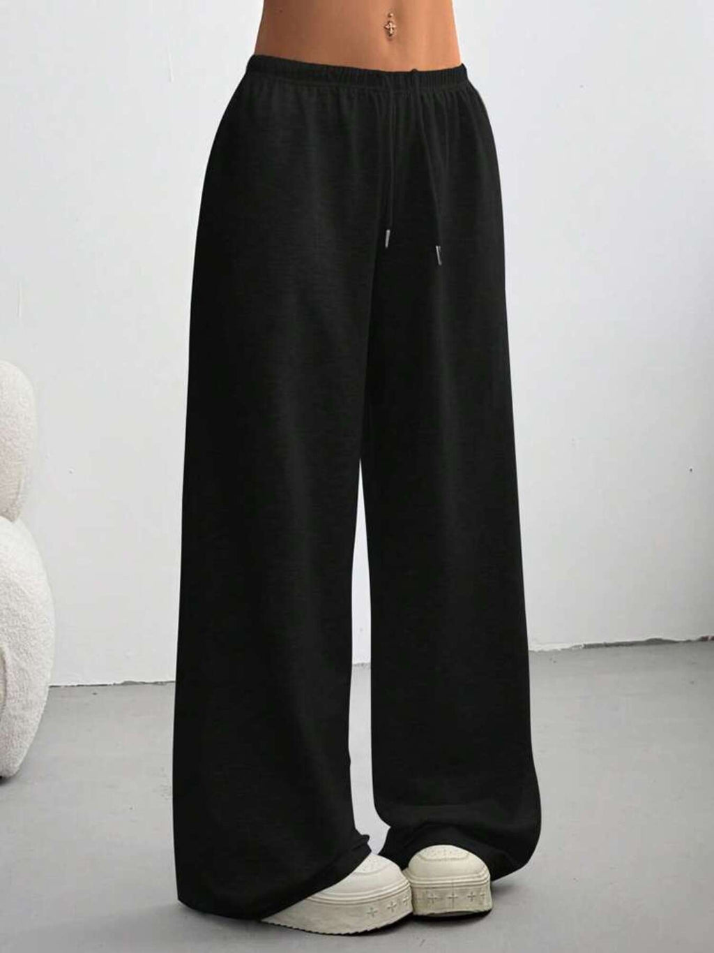 Relaxed Fit Drawstring Pants, black back view with drawstring ties