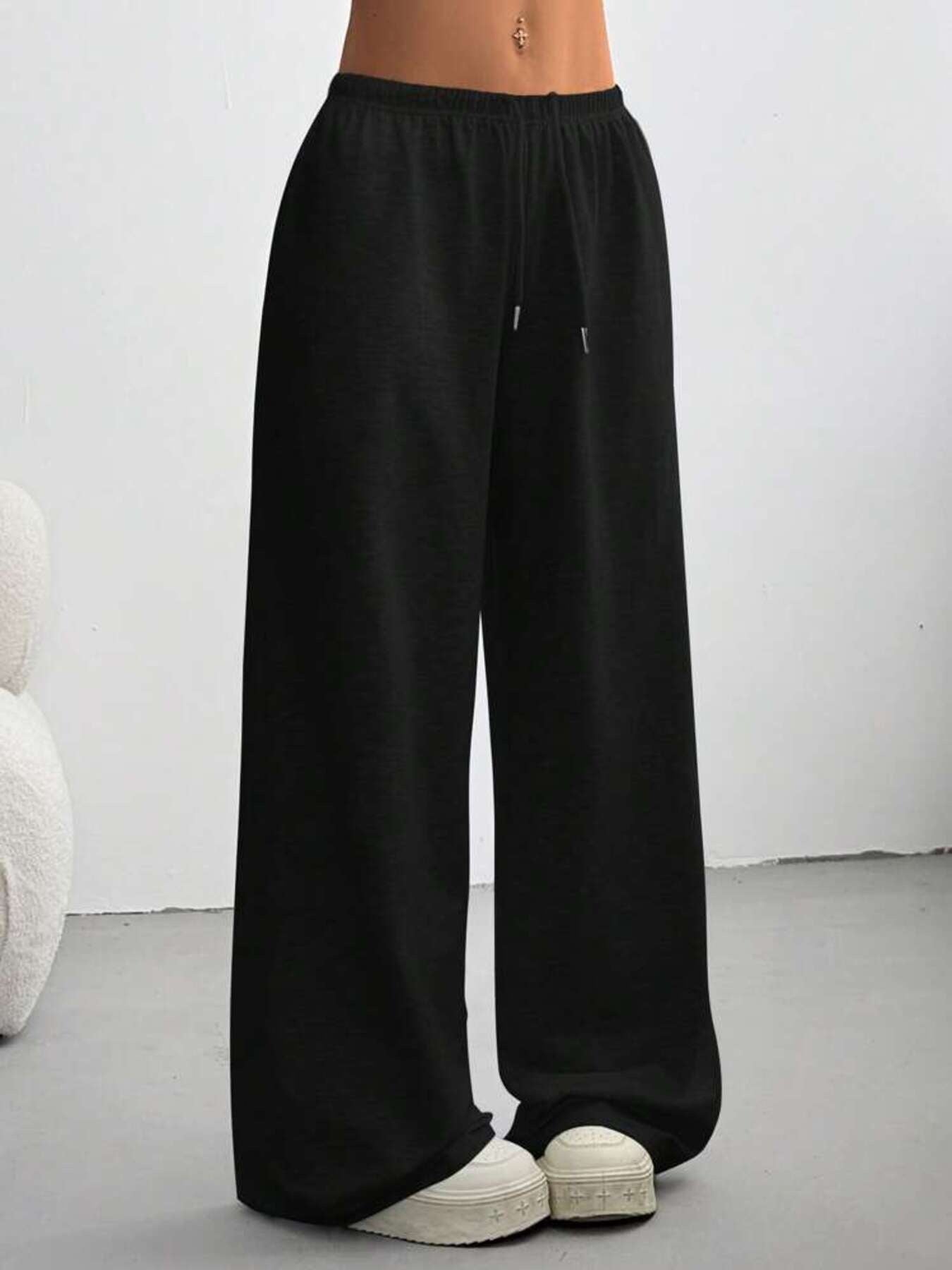 Relaxed Fit Drawstring Pants, black back view with drawstring ties