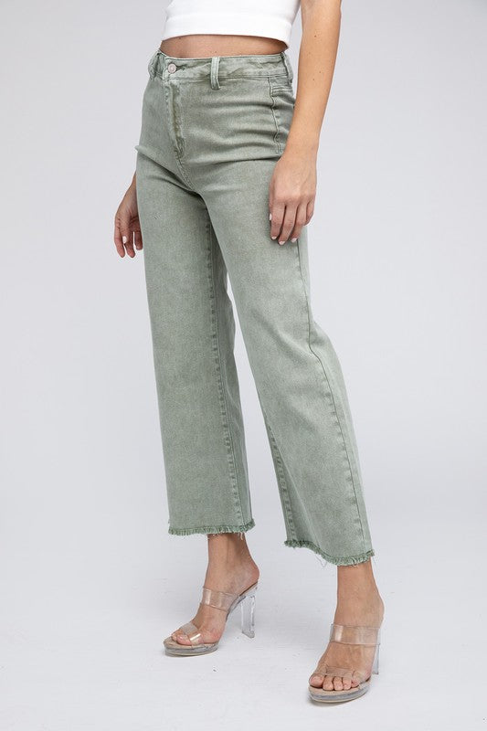 Acid Wash Frayed Cutoff Hem Straight Wide Pants - Tigbuls Variety Fashion