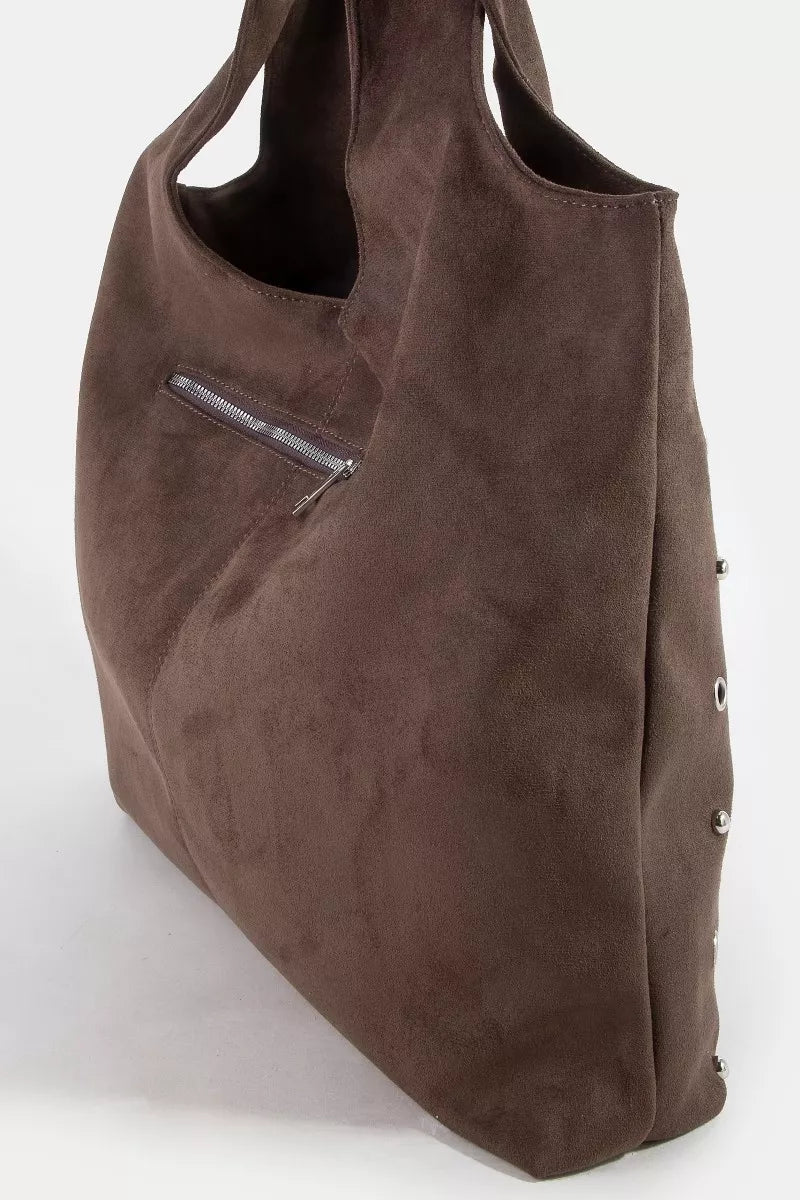 Fame dark brown suede shoulder bag with side zipper pocket and studded grommets