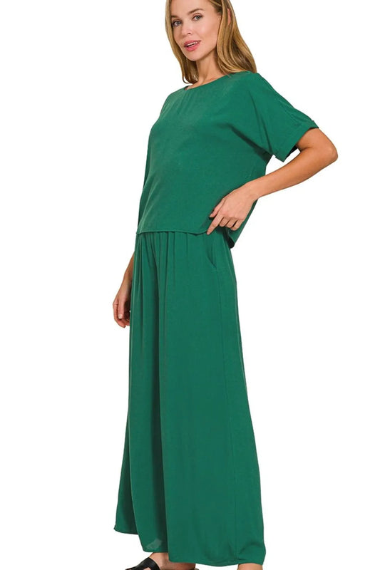 Zenana Round Neck T-Shirt and Wide Leg Pants Set - Tigbul's Variety Fashion Shop