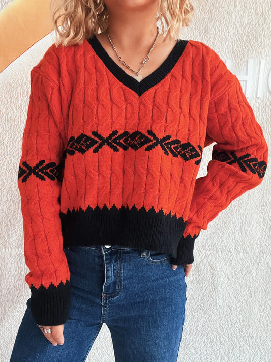 Cable Knit V-Neck Sweater - Tigbul's Variety Fashion Shop