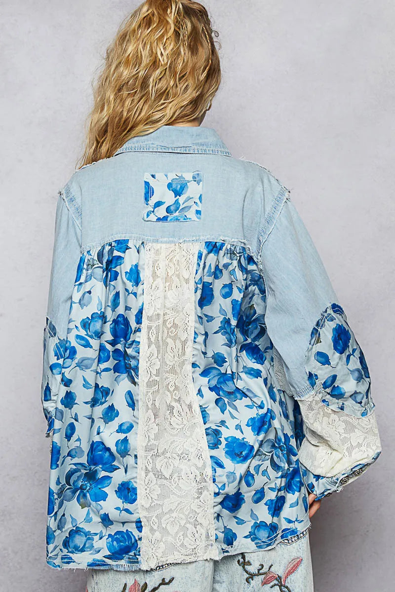 POL Floral Patchwork Denim Shirt with Lace Trim Details - Tigbul's Variety Fashion Shop