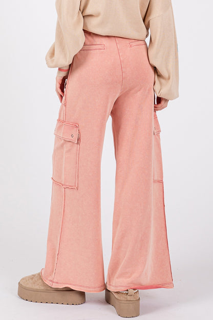 Rose Color Knit Terry Mineral Wash Wide Leg Pants - Tigbul's Variety Fashion Shop