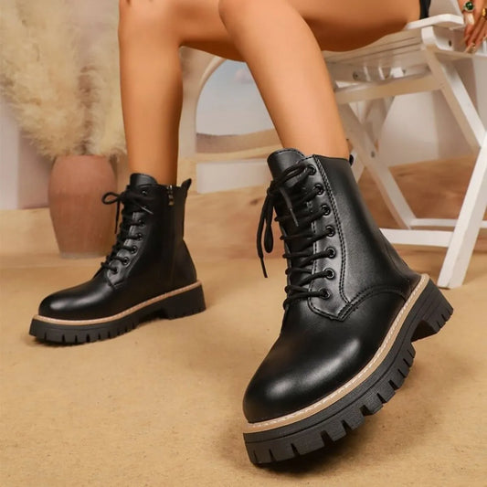 Lace Up Leather Combat Boots with Chunky Sole - Tigbul's Variety Fashion Shop