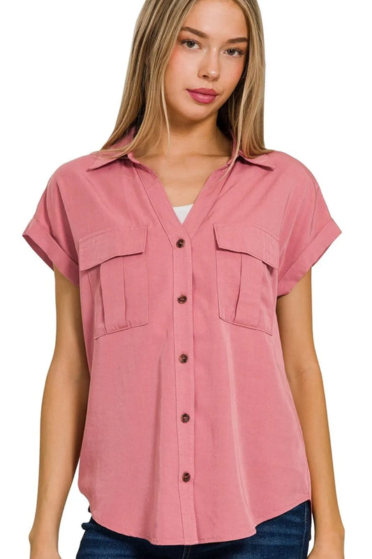 Zenana Tencel V-neck Collared Top W Front Flap Pockets - Tigbul's Variety Fashion Shop