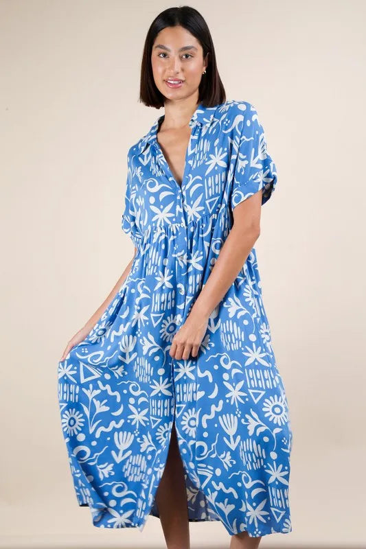 Blue Plus Size Oversized Printed Shirt Midi Dress - Tigbul's Variety Fashion Shop