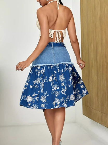 Floral Denim Skirt with Frayed Hem Detail - Tigbul's Variety Fashion Shop