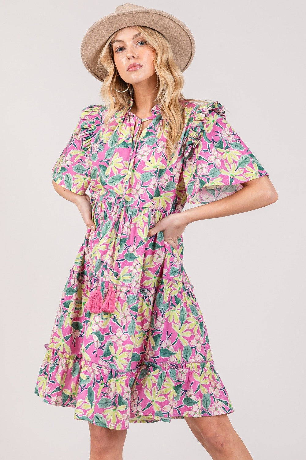 SAGE + FIG Floral Ruffle Short Sleeve Dress - Tigbul's Variety Fashion Shop