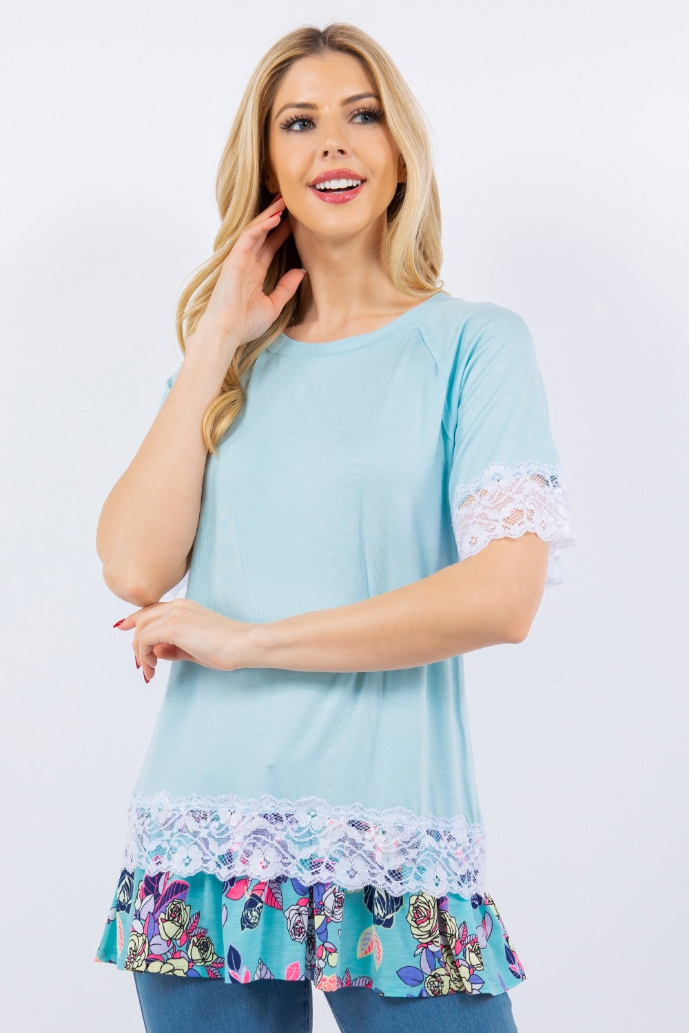 Celeste Full Size Lace Trim Short Sleeve Top - Tigbuls Variety Fashion