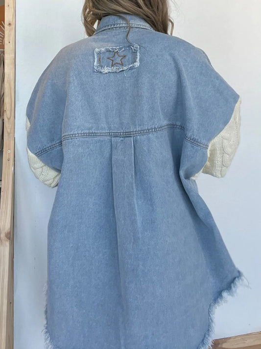 Full Size Raw Hem Button Up Patchwork Denim Jacket Plus Size - Tigbul's Variety Fashion Shop