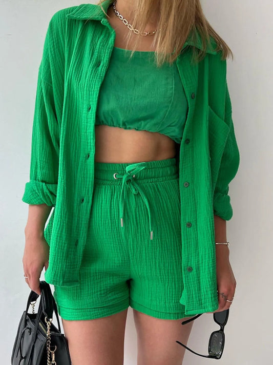 Textured Button Up Shirt and Shorts Set - Tigbul's Variety Fashion Shop