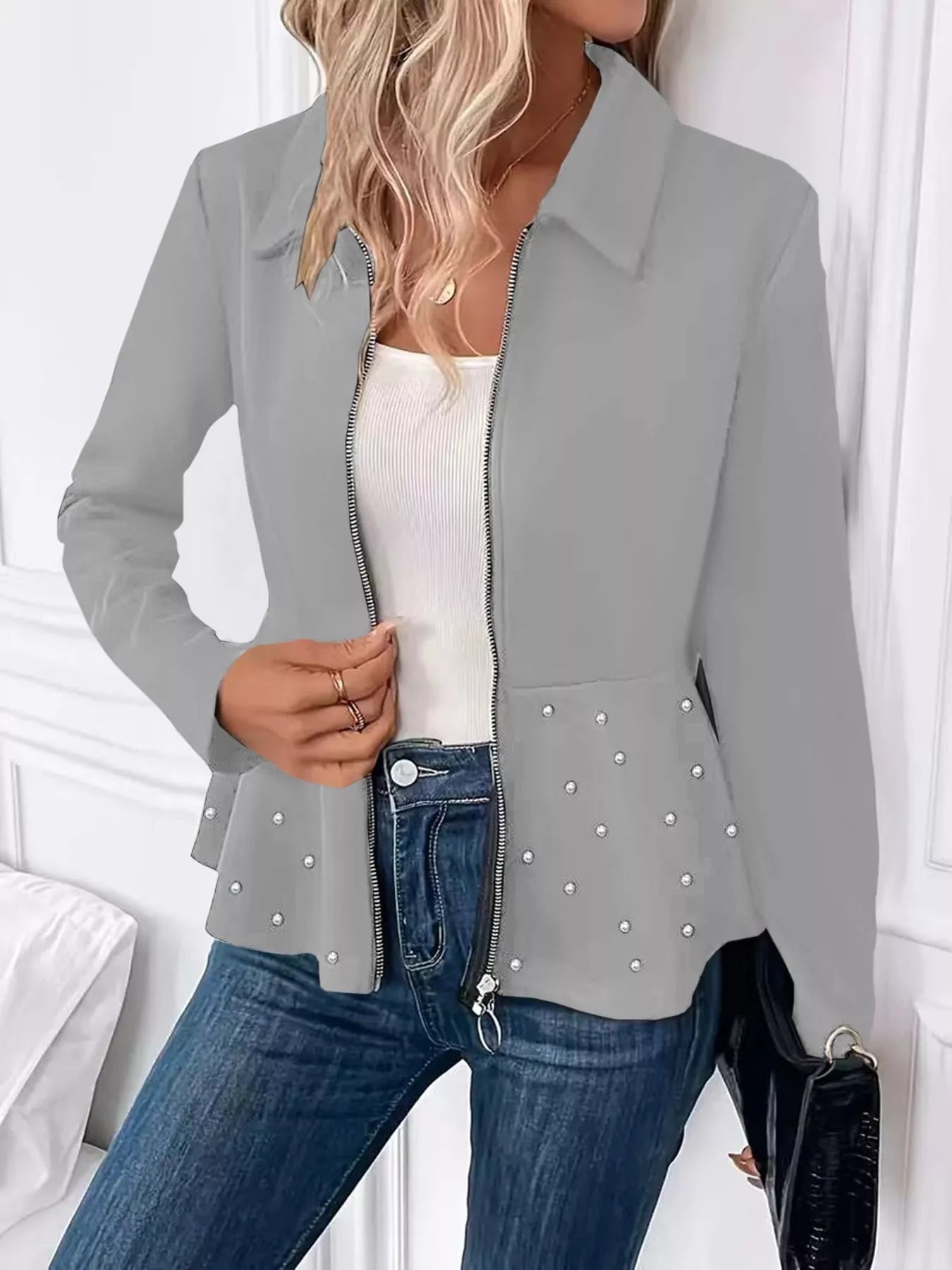 Pearl Embellished Zip-Up Peplum Outerwear - Tigbul's Variety Fashion Shop