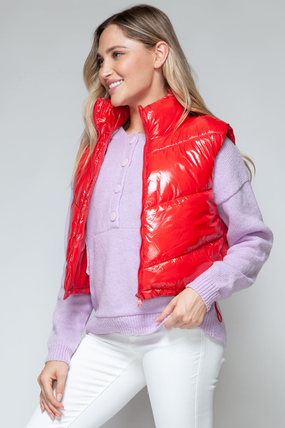 Red Zip Up Turtleneck Shiny Quilted Vest - Tigbul's Variety Fashion Shop