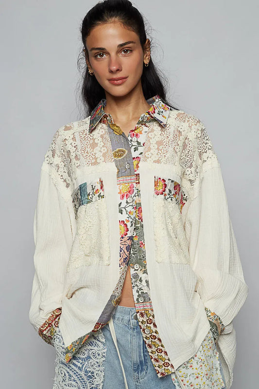 POL Lace Patchwork Floral Trim Long Sleeve Shirt - Tigbul's Variety Fashion Shop