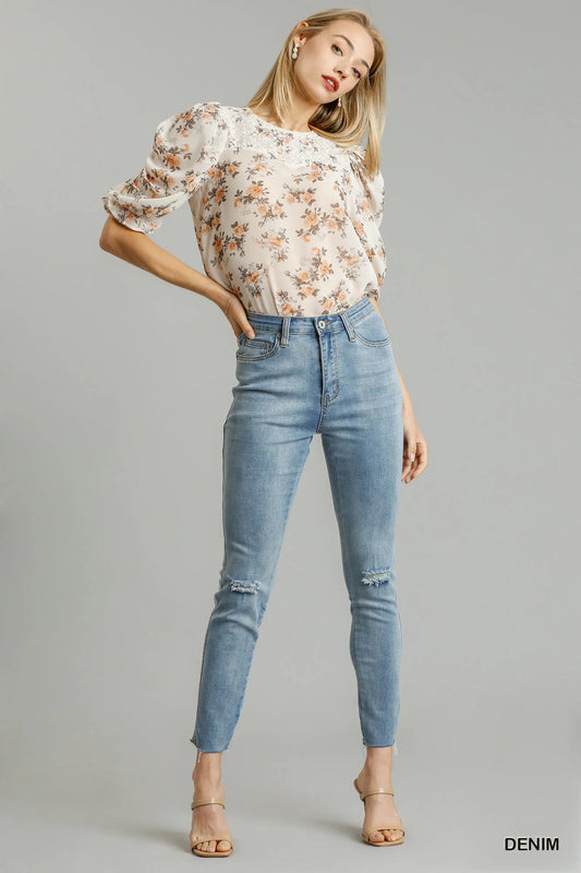 Umgee 5-Pockets Distressed Detail Stretch Denim Skinny Jeans with Unfinished Hem - Tigbul's Variety Fashion Shop