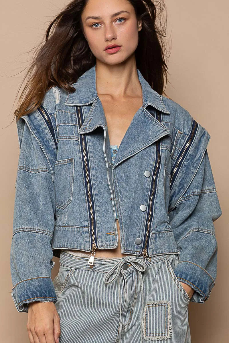 POL Cropped Denim Jacket with Functional Zipper Detail - Tigbul's Variety Fashion Shop