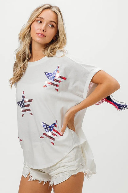 American Flag Sequin Star Fringe Top - Tigbul's Variety Fashion Shop