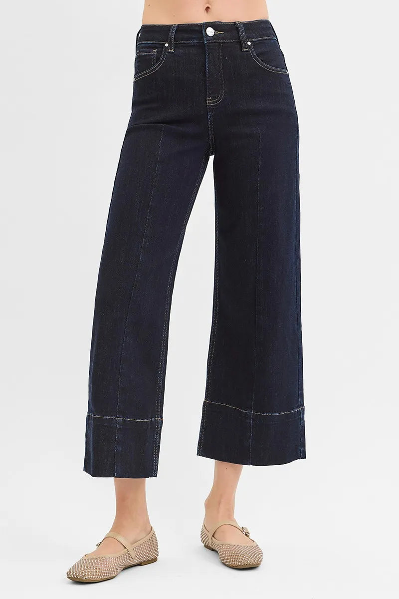 RISEN Tummy Control High Rise Crop Wide Seam Detailed Jeans - Tigbul's Variety Fashion Shop