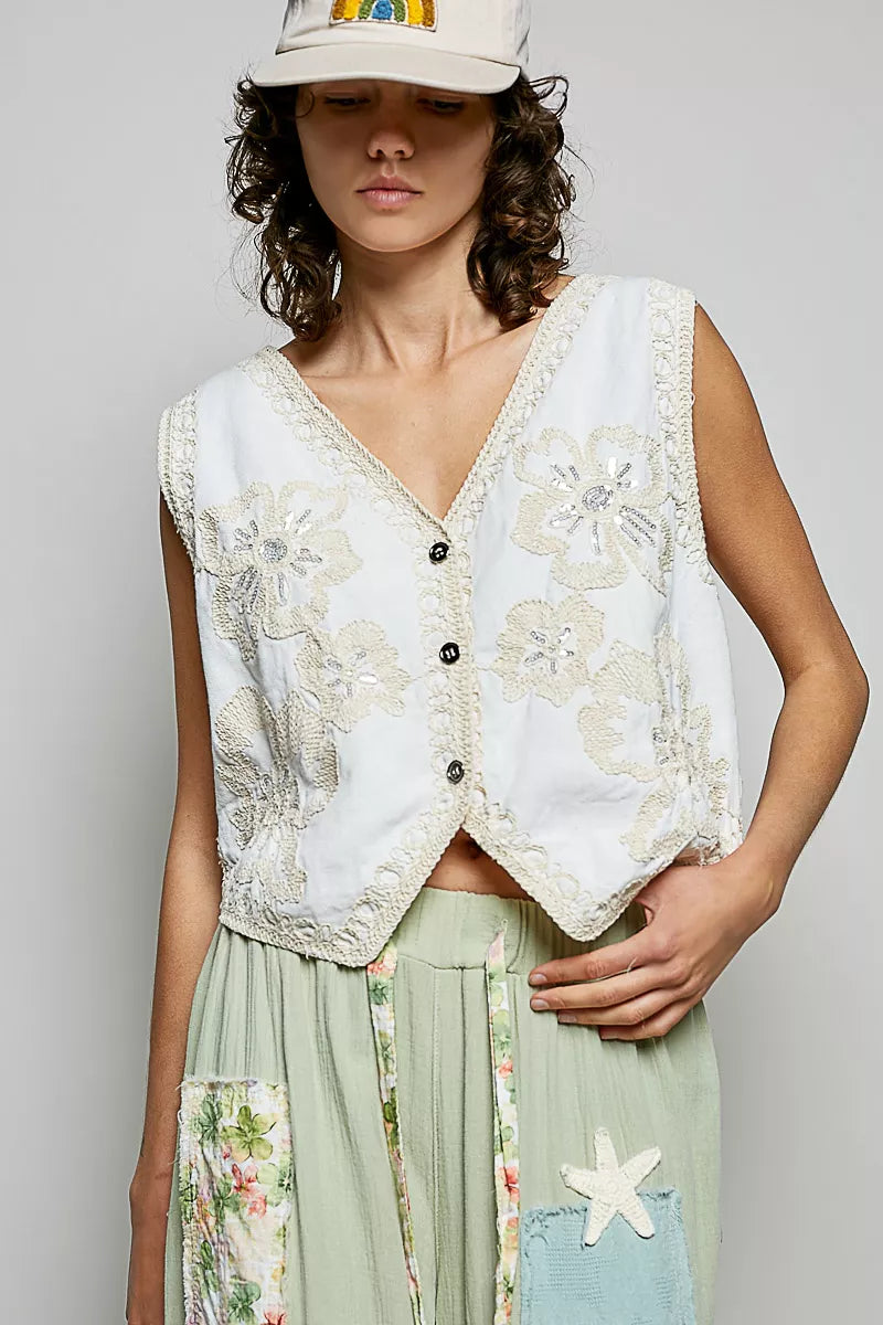 White Embroidered Floral V-Neck Button Down Crochet Vest | Tigbuls