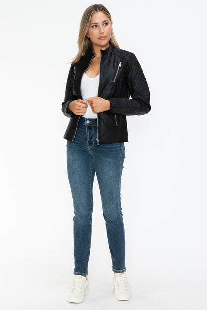 Black Faux Leather Zip Up Mock Neck Jacket