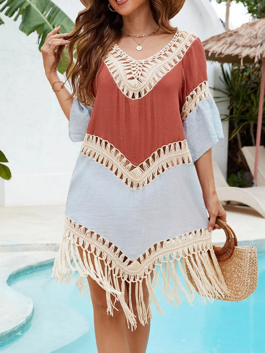 Backless Tassel Hem V-Neck Cover-Up - Tigbul's Variety Fashion Shop