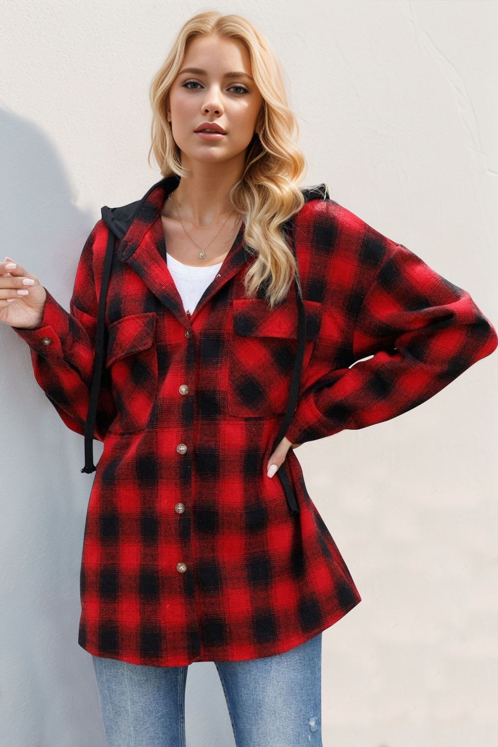 Double Take Drawstring Plaid Long Sleeve Hooded Shacket - Tigbul's Variety Fashion Shop