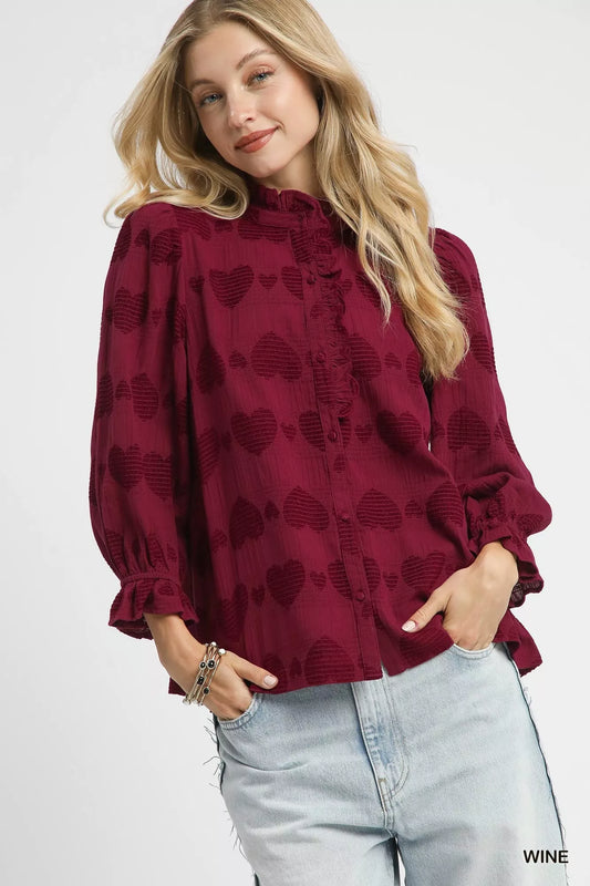 Umgee Heart Jacquard Ruffle Trim Shirt - Tigbul's Variety Fashion Shop