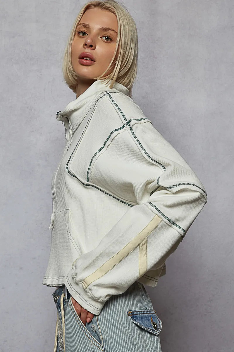 POL Contrast Stitching Zip Front Sweatshirt - Tigbul's Variety Fashion Shop